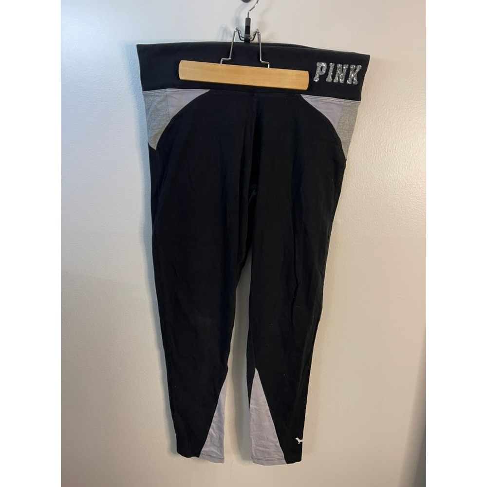 Pink Victoria's Secret Yoga Leggings Black Gray Sequin Logo Colorblock Large